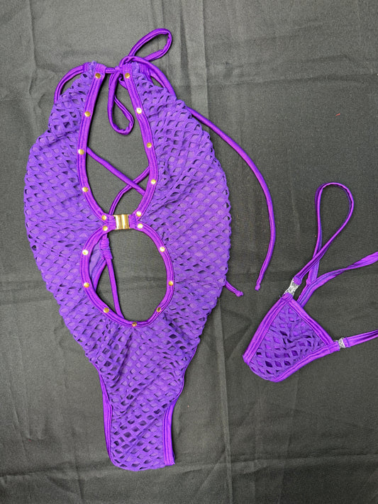 Purple Fishnet Spandex One-Piece Lingerie Outfit