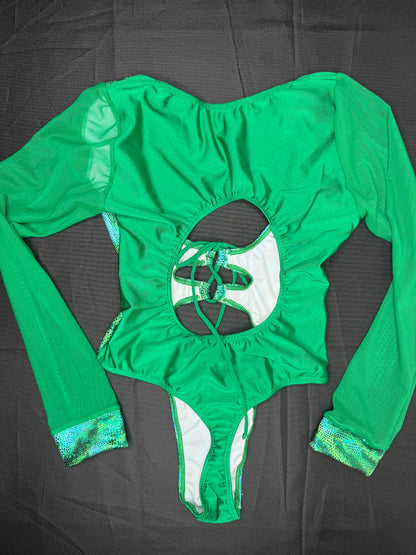 Green Animal Print Spandex/Green Mesh One-Piece Leotard Lingerie Outfit