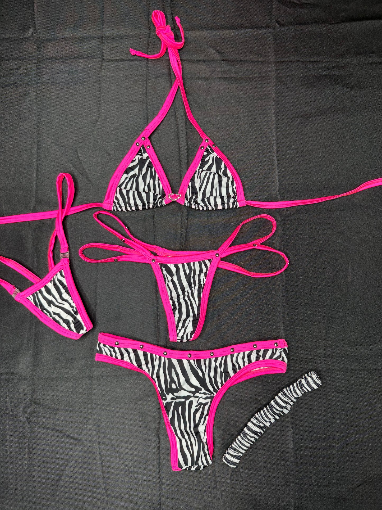 Zebra Animal Print/Hot Pink Spandex Three-Piece Lingerie Outfit with Garter