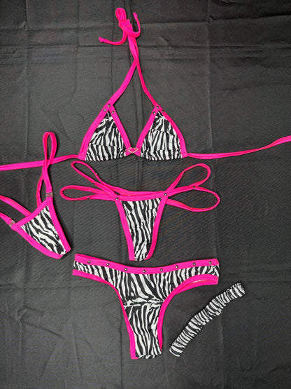 Zebra Animal Print/Hot Pink Spandex Three-Piece Lingerie Outfit with Garter