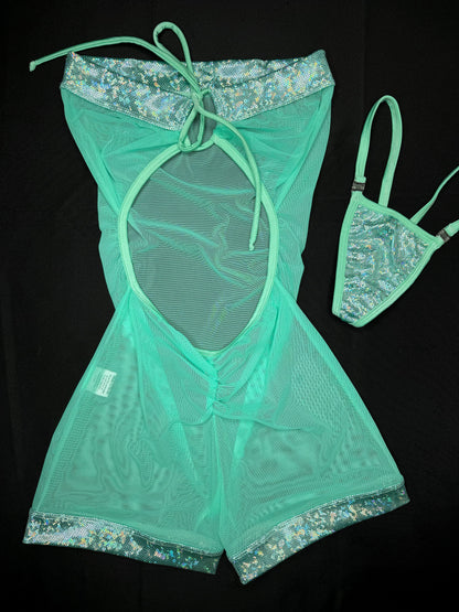 Metallic Mint/Mint Mesh One-Piece Exotic Dance Wear Outfit