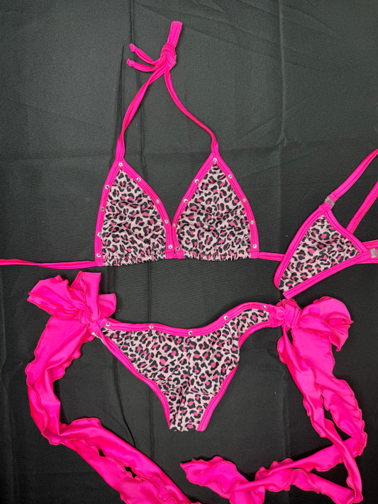 Hot Pink Cheetah Print Spandex Two-Piece Bikini Lingerie Outfit