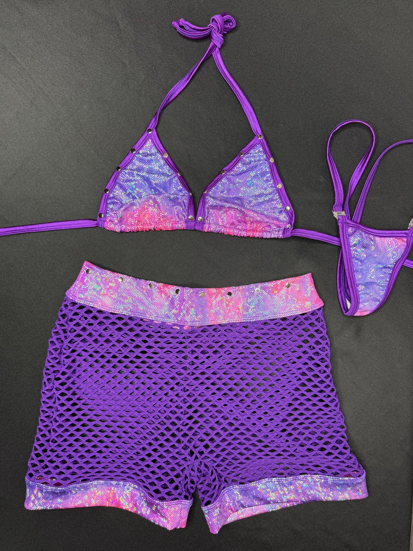 Metallic Purple/Pink Bikini Top/Purple Fishnet Shorts Lingerie Outfit