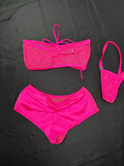 Hot Pink Mesh Tube-Top/Shorts Two-Piece Lingerie Outfit