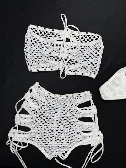 White Fishnet Tube Top/Shorts Two-Piece Lingerie Outfit