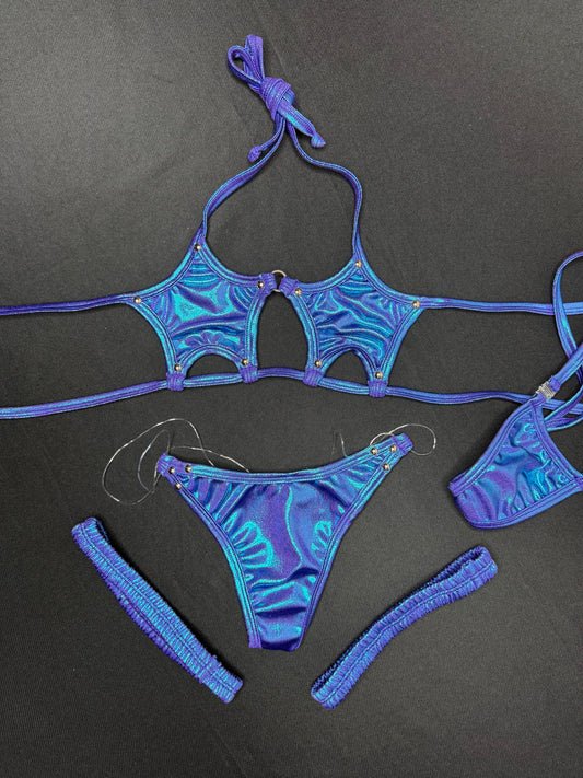 Matrix Blue/Purple Microdot Two-Piece Star-Top Garters Bikini Lingerie Outfit