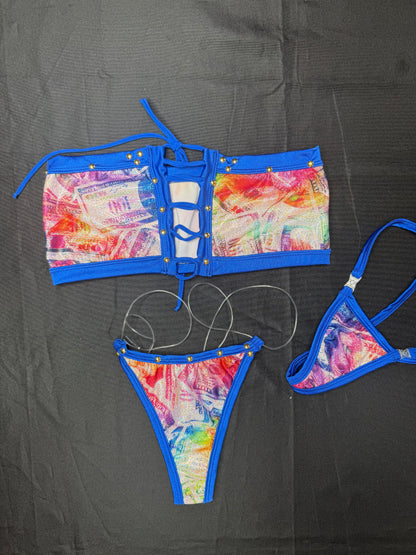 Holographic Money Print/Royal Blue Spandex Two-Piece Lingerie Outfit