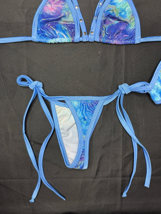 Baby Blue/Metallic Blue Spandex Two-Piece Bikini Lingerie Outfit