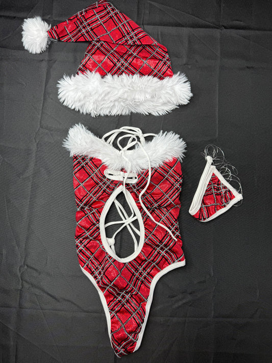 Red/White Fur One-Piece With Hat Christmas Lingerie Outfit