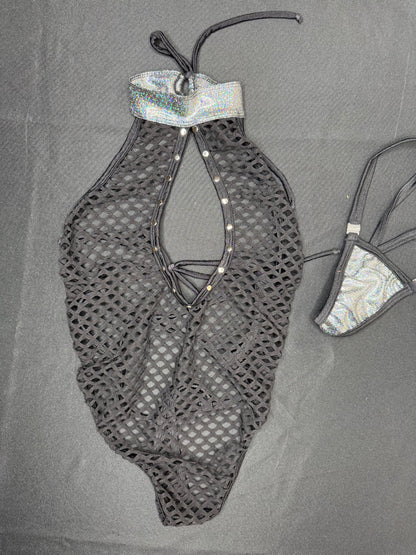 Metallic Black/Black Fishnet One-Piece Lingerie Outfit