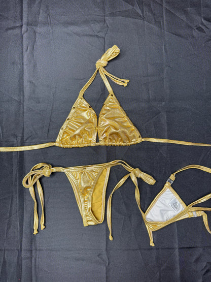 Gold Spandex Side Tie Bikini Lingerie Outfit