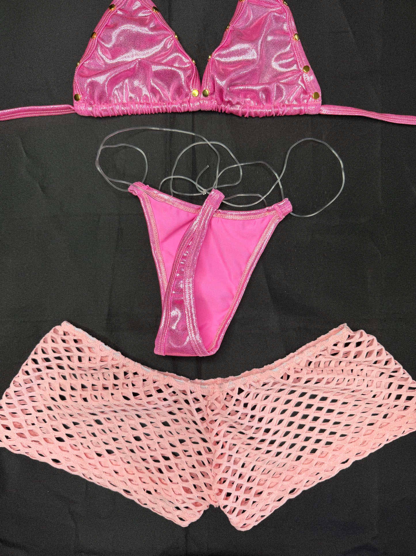 Metallic Hot Pink/Fuchsia/Orange Spandex Three-Piece Lingerie Outfit