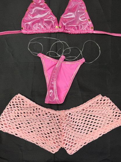 Metallic Hot Pink/Fuchsia/Orange Spandex Three-Piece Lingerie Outfit