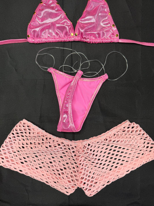 Metallic Hot Pink/Fuchsia/Orange Spandex Three-Piece Lingerie Outfit