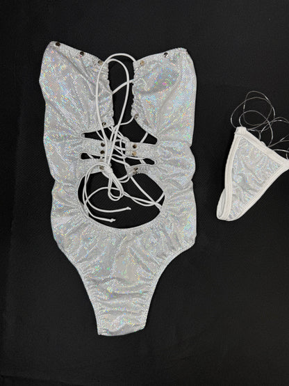 Metallic White/White Spandex One-Piece Lingerie Outfit