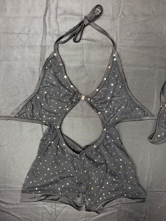 Black Sparkle Mesh/Spandex One-Piece Lingerie Outfit
