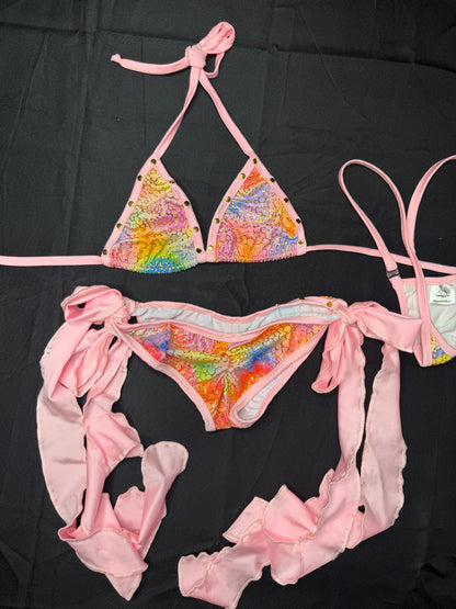 Baby Pink/Multi Color Spandex Two-Piece Bikini Lingerie Outfit