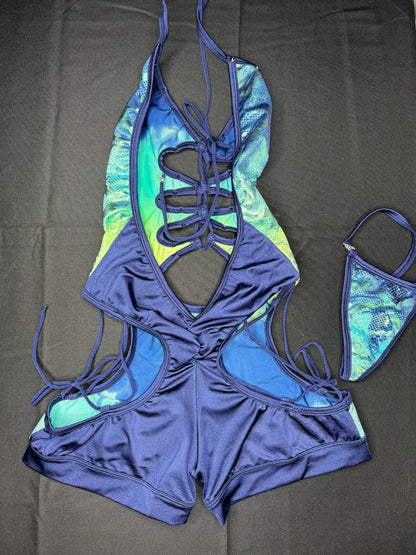 Navy One-Piece Animal Print Exotic Dancer Outfit
