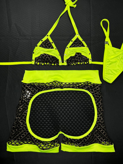 Gold/Black Fishnet/Neon Yellow Two-Piece Chaps Lingerie Outfit