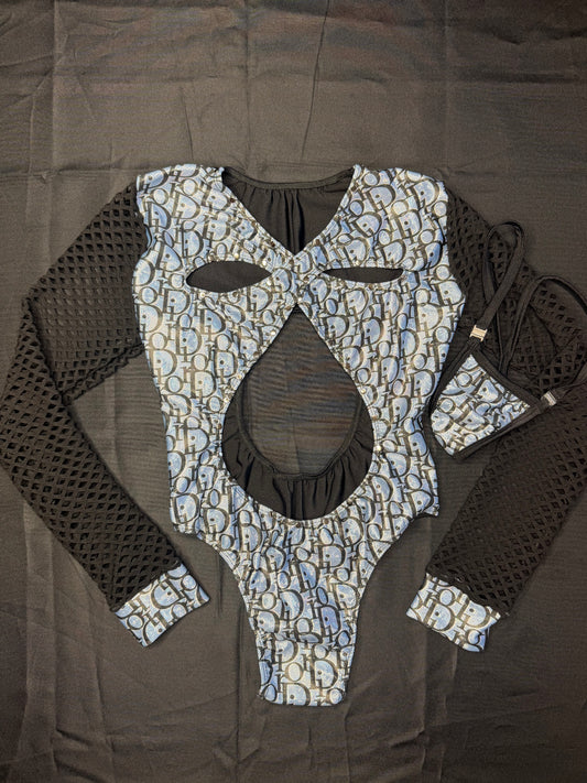 Metallic Baby Blue/Black Fishnet Long Sleeve Leotard Lingerie Outfit