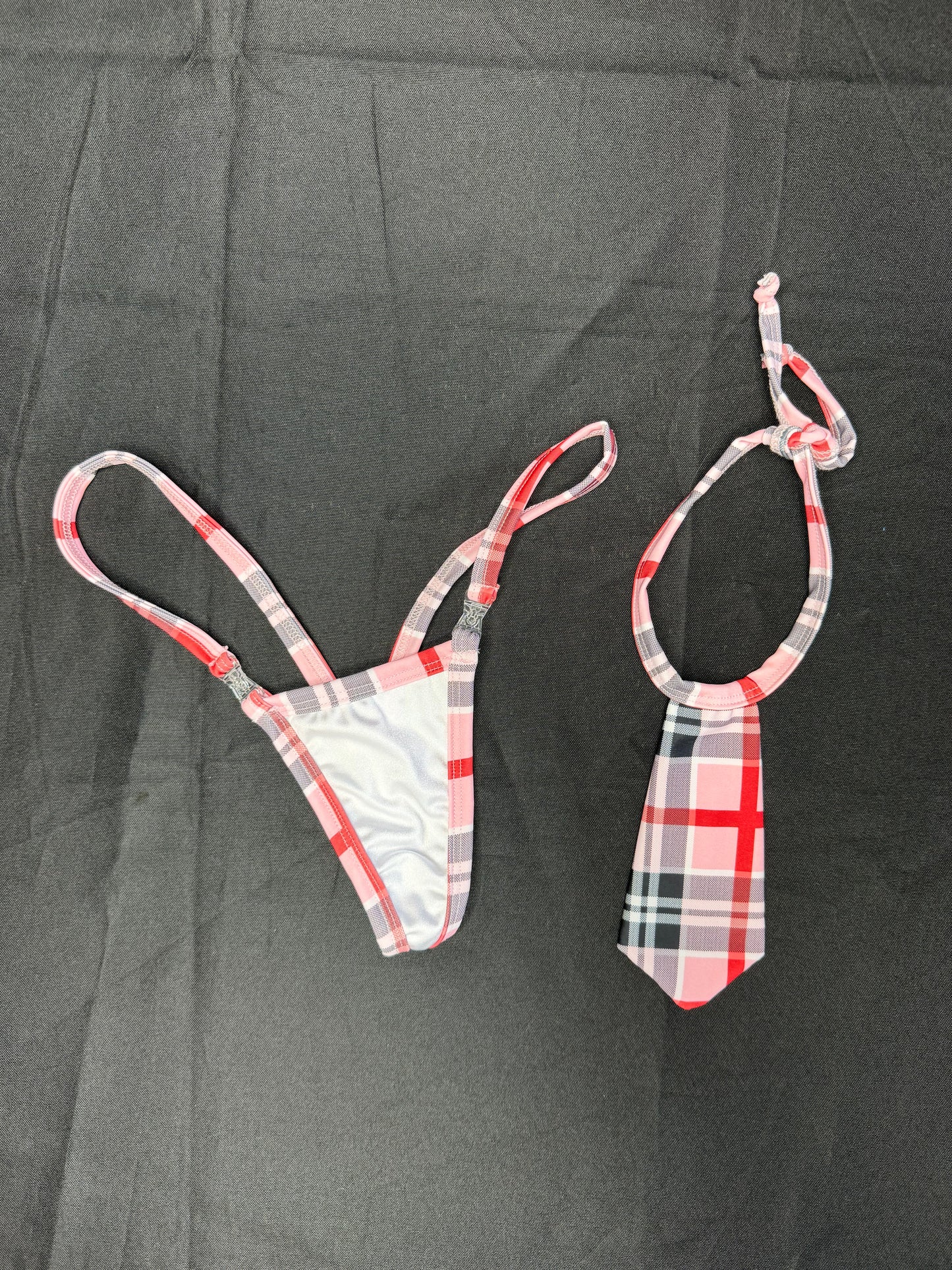Baby Pink/White Plaid Bikini Top/Skirt/Tie School Girl Outfit