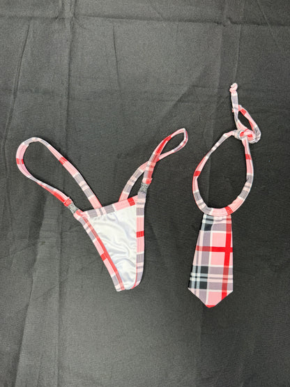Baby Pink/White Plaid Bikini Top/Skirt/Tie School Girl Outfit