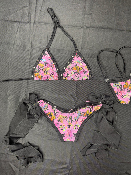 Pink/Black Spandex Designer Butterfly Two-Piece Bikini Lingerie Outfit