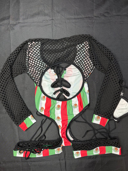 Mexico Print/Black Fishnet Spandex Romper Lingerie Outfit