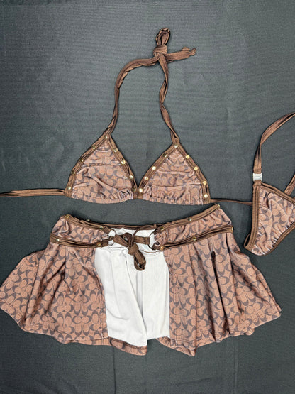 Designer Brown Spandex Two-Piece Skirt Lingerie Outfit