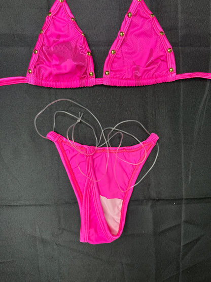 Hot Pink Spandex Bikini Top/Thong & Shorts Three-Piece Lingerie Outfit