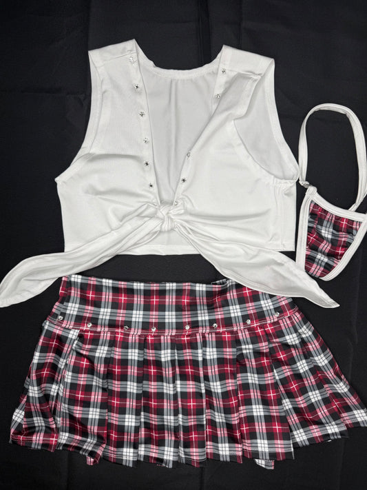 White Tie Top/Plaid Skirt School Girl Two-Piece Lingerie Outfit