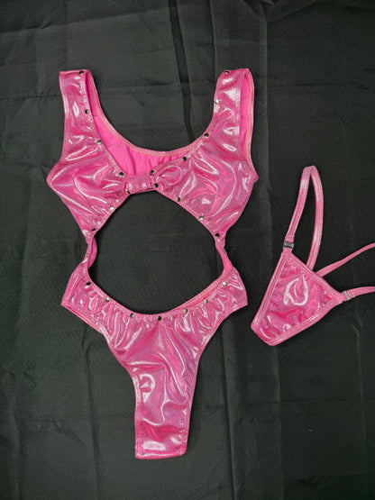 Metallic Pink One-Piece/Sleeves Lingerie Outfit