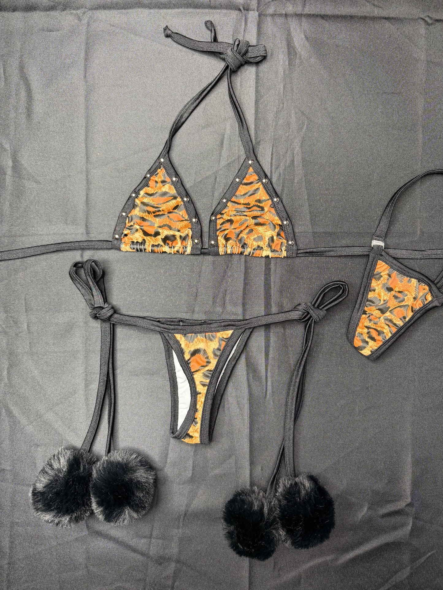 Animal Print Spandex/Black Fur Two-Piece Bikini Lingerie Outfit