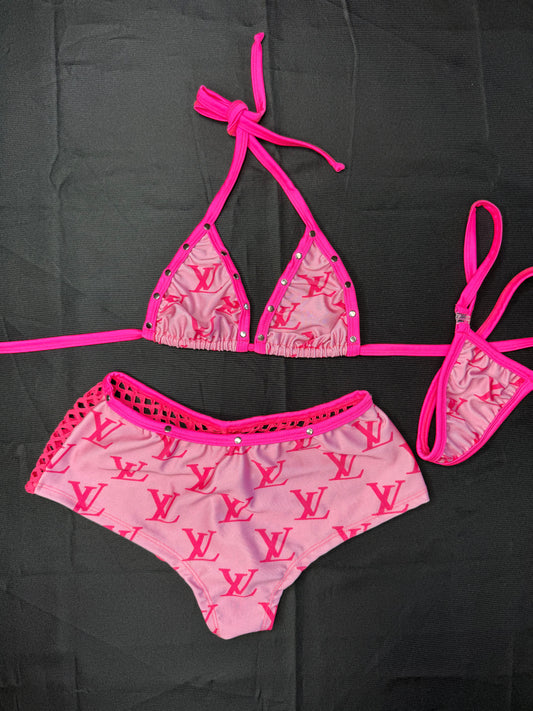 Hot Pink/Baby Pink Spandex Two-Piece Shorts Lingerie Outfit