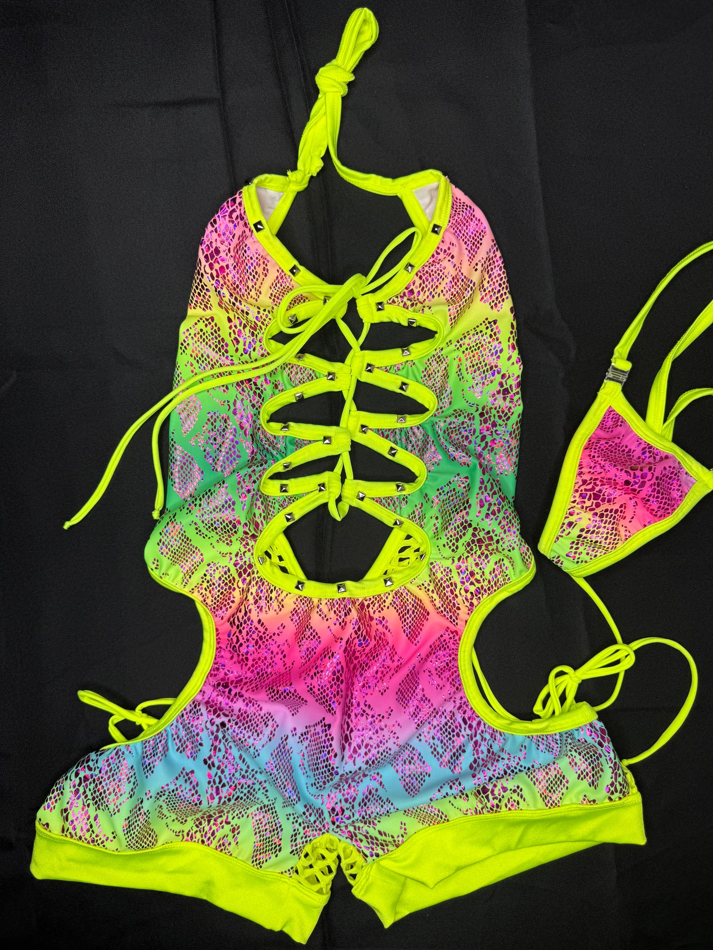 Neon Yellow Fishnet Animal Print Spandex Romper Lingerie Outfit