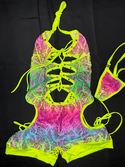 Neon Yellow Fishnet Animal Print Spandex Romper Lingerie Outfit