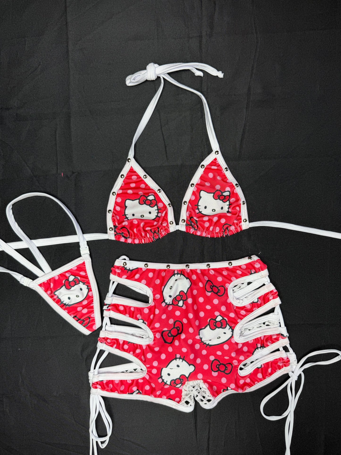 Red/White Kitty Print Spandex Bikini Top/Shorts Two-Piece Lingerie Outfit