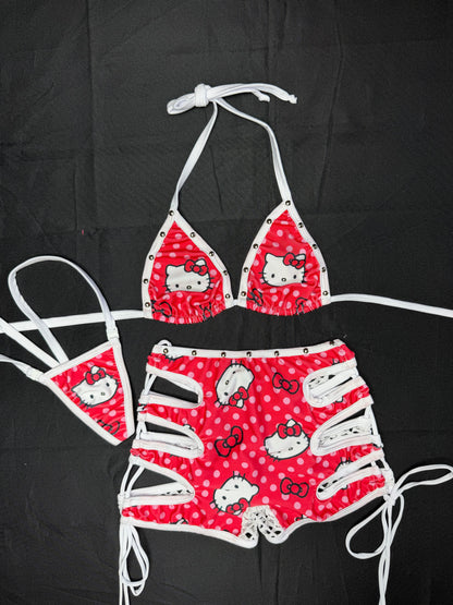 Red/White Kitty Print Spandex Bikini Top/Shorts Two-Piece Lingerie Outfit