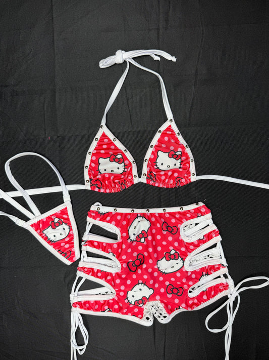 Red/White Kitty Print Spandex Bikini Top/Shorts Two-Piece Lingerie Outfit