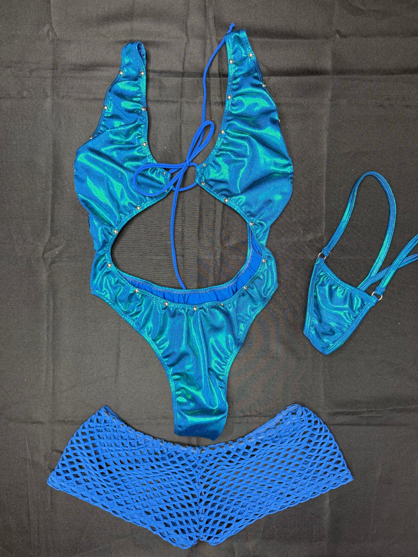 Turquoise/Teal Three-Piece Lingerie Outfit