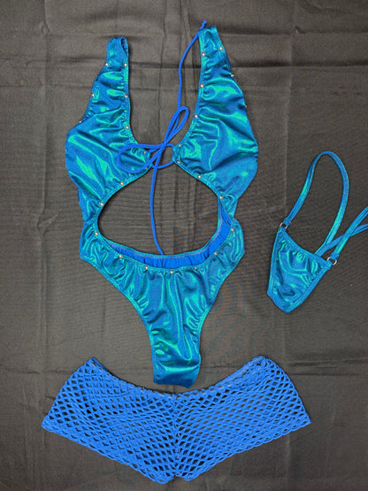 Turquoise/Teal Three-Piece Lingerie Outfit