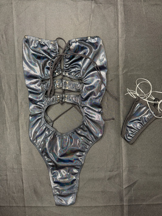 Holographic Black Spandex One-Piece Lingerie Outfit