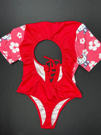 Red Kitty Print Spandex One-Piece Leotard Lingerie Outfit