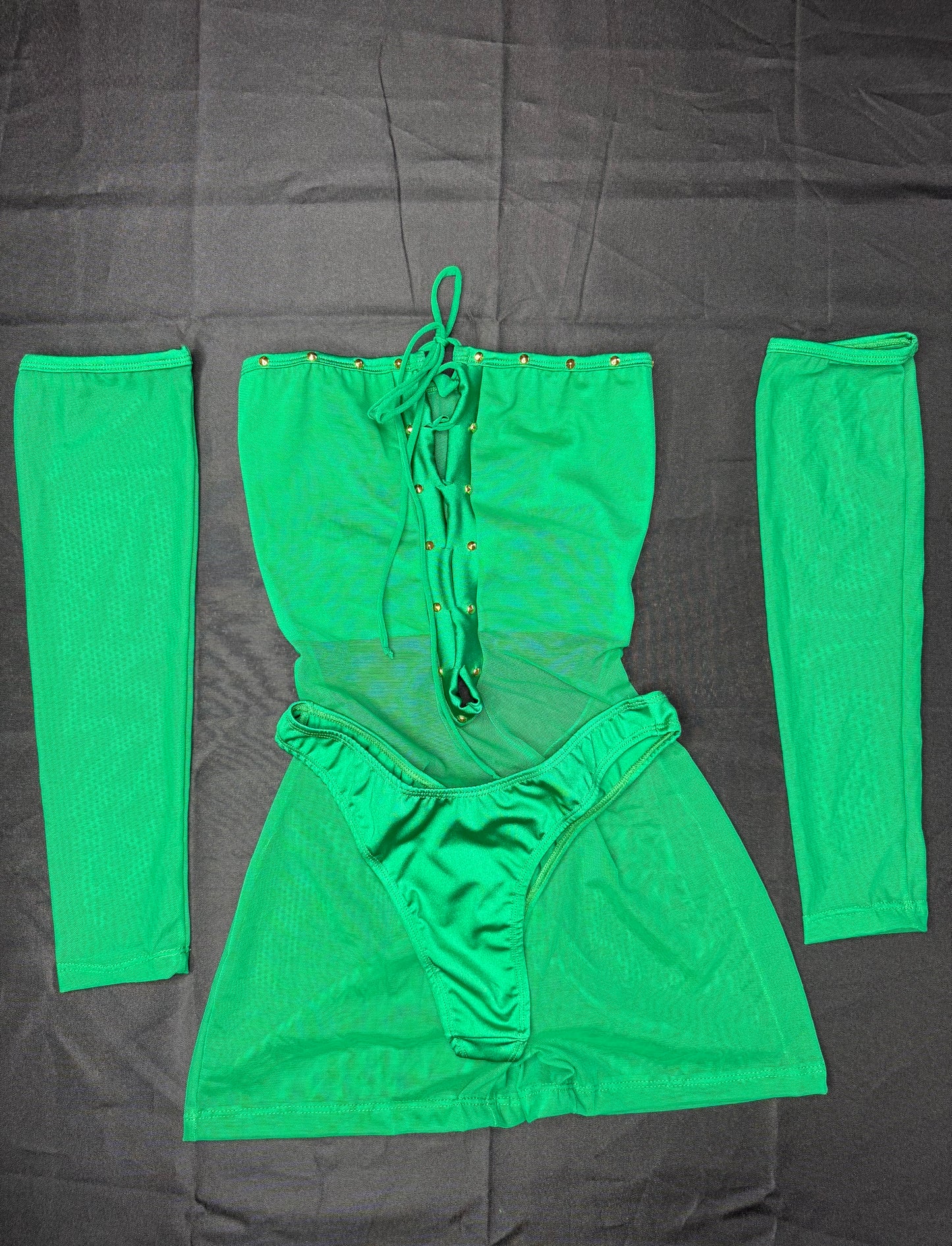 Hunter Green Three-Piece Sleeves/Cheeky Thong Lingerie Outfit