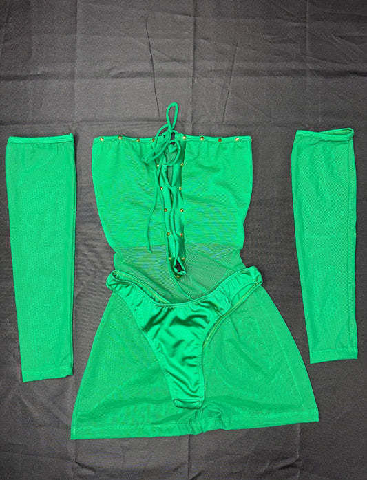 Hunter Green Three-Piece Sleeves/Cheeky Thong Lingerie Outfit