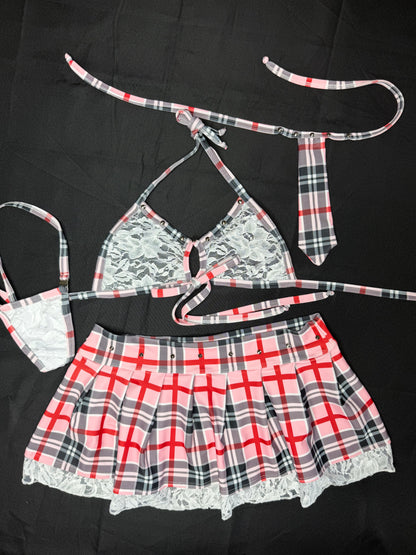 Light Pink/Red Spandex/White Lace Two-Piece Skirt with Tie School Girl Lingerie Outfit