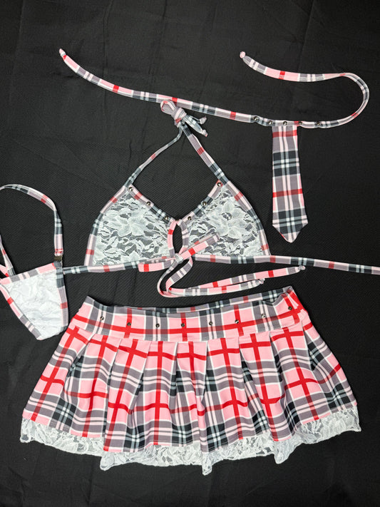 Light Pink/Red Spandex/White Lace Two-Piece Skirt with Tie School Girl Lingerie Outfit