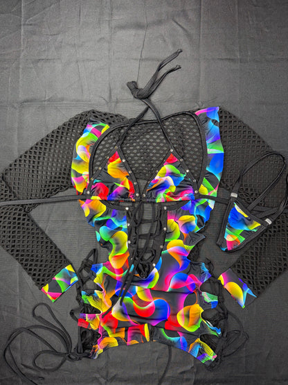 Multi Color/Black Spandex Romper Lingerie Outfit