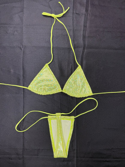 Metallic Yellow Spandex Two-Piece Micro Bikini Lingerie Outfit