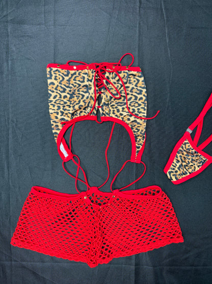 Animal Print/Red Spandex One-Piece Lingerie Outfit